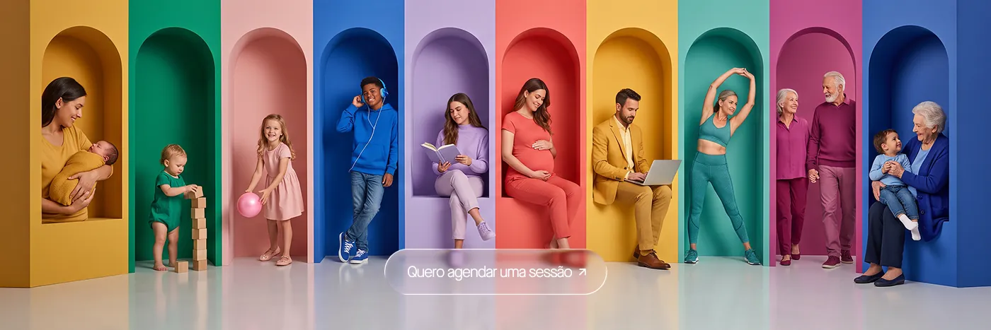 Pessoas de todas as idades, de bebês a idosos, em arcos coloridos